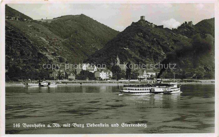 Bornhofen Kamp Rhein Rheinland-Pfalz Panorama Blick ueber den Rhein Burg Liebens