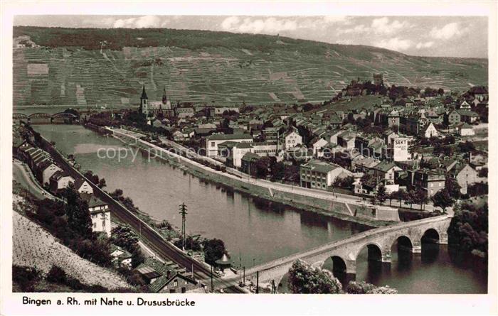 Bingen Rhein Rheinland-Pfalz Panorama mit Nahe und Drususbuecke