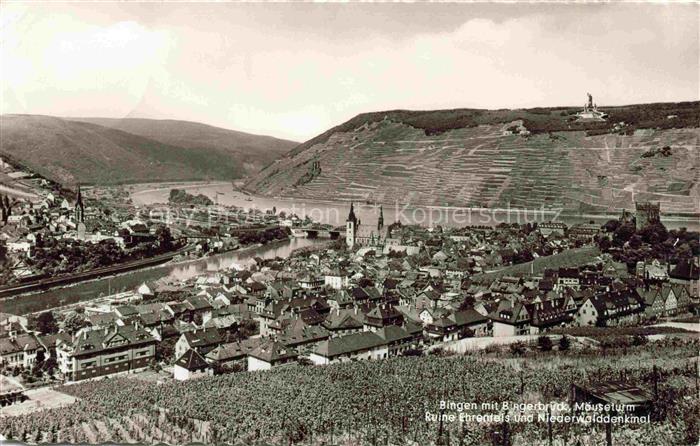 Bingen Rhein Rheinland-Pfalz Panorama mit Bingerbrueck Maeuseturm Ruine Ehrenfel