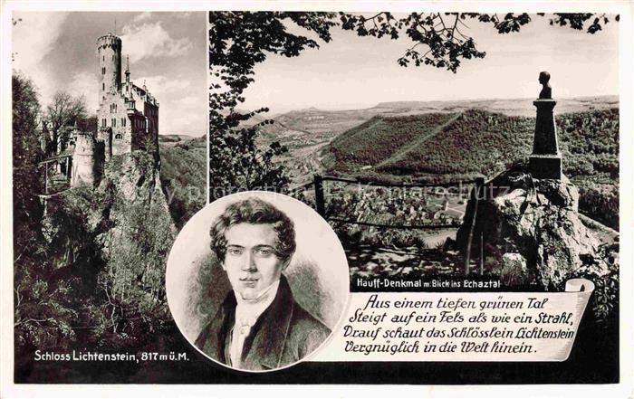 Lichtenstein Schloss Wuerttemberg Schloss mit Hauff Denkmal und Blick ins Echaz