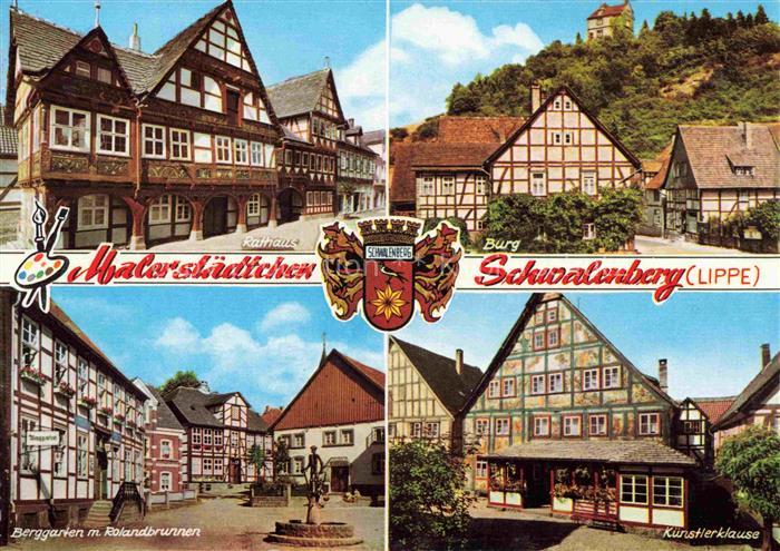 Schwalenberg Rathaus Burg Berggarten mit Rolandbrunnen Kuenstlerklause