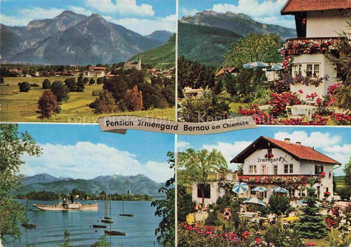 Bernau Chiemsee Bayern Pension Irmengard Garten Panorama Blick ueber den See Alp