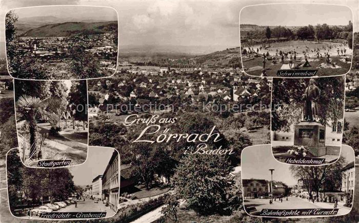LoeRRACH Baden BW Stadtpanorama Schwimmbad Stadtgarten Hebeldenkmal Strassenpart