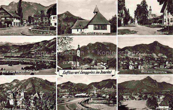 Lenggries Bayern Bahnhofstrasse Kirche Dorfpartie Blick zum Karwendelgebirge Gei