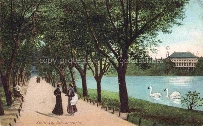 ZWICKAU  Sachsen Promenade am Schwanenteich Kuenstlerkarte