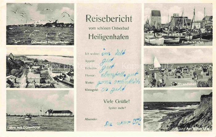 Heiligenhafen Ostseebad Panorama Binnensee Faehre mit Duenenhotel Fischereihafen