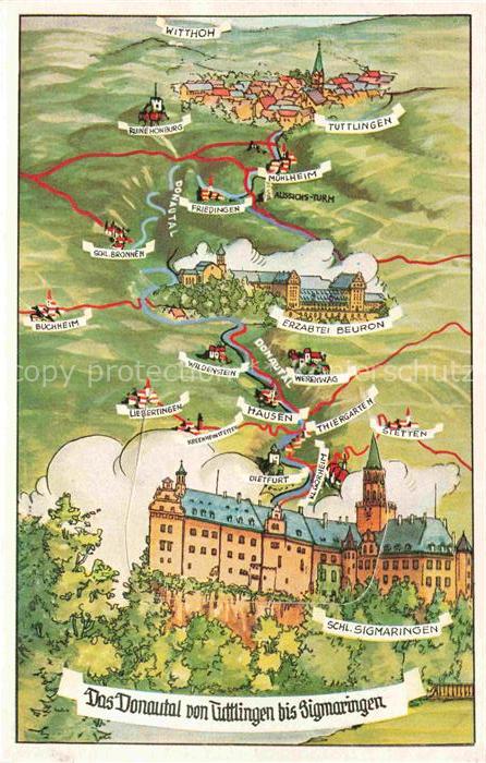 TUTTLINGEN bis Sigmaringen Panoramakarte Schloss Sigmaringen