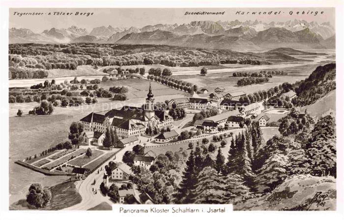 Schaeftlarn (Kloster) Isartal Muenchen Bayern Panoramakarte mit Tegernseer Berge