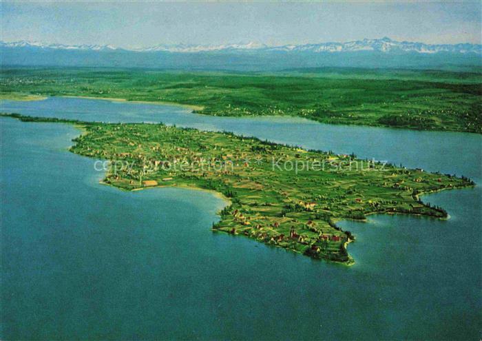 Insel Reichenau Bodensee Fliegeraufnahme mit Schweizer Alpen