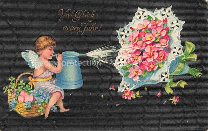 Neujahr Annee New Year Kind Engel Blumenstrauss  Litho