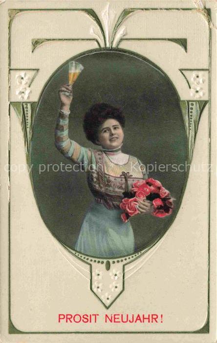 Neujahr Annee New Year Wein Frau Litho