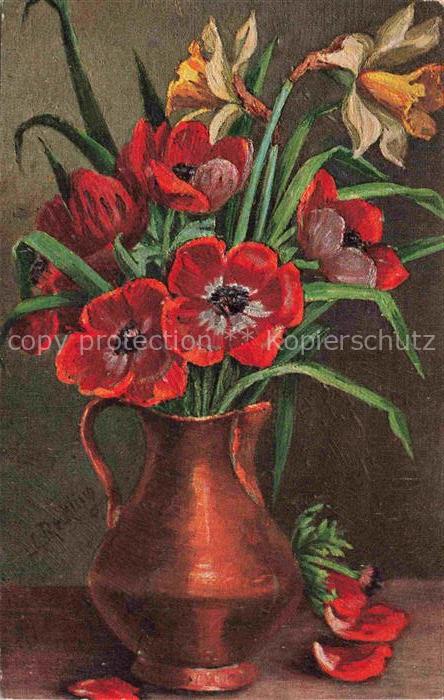 Mohnblumen Poppies Coquelicots Papaveri Amapolas-- Vase Litho