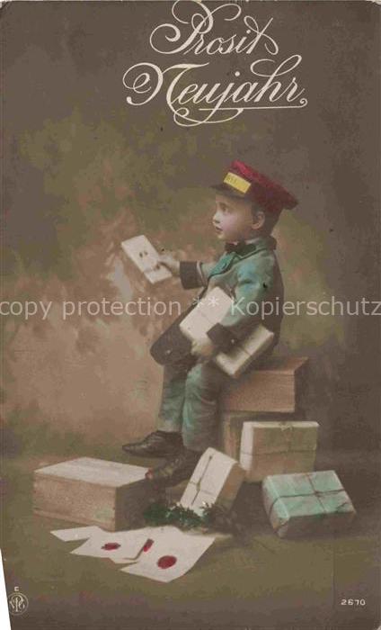 Foto NPG Nr. 2670 Prosit Neujahr Nouvelle Annee Kind Postbote Pakete