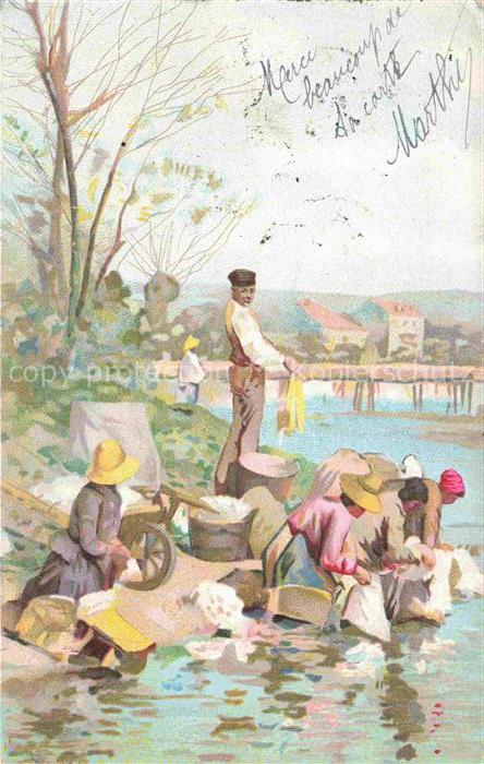 Waescherei Lavandaie am Ufer Litho