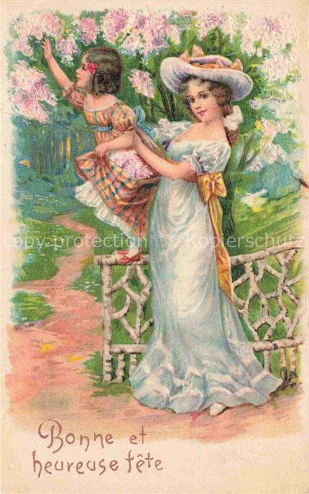 Neujahr Annee New Year Frau Maedchen Litho Hutmode Blumenbaum