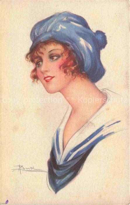 BUSI Adolfo Kuenstlerkarte Frau Matrosenhut Litho