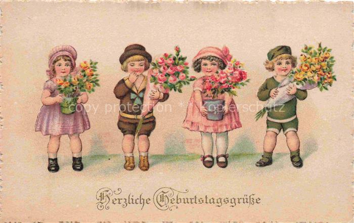 Geburtstag Birthday Anniversaire Litho Kinder Blumenstrauss