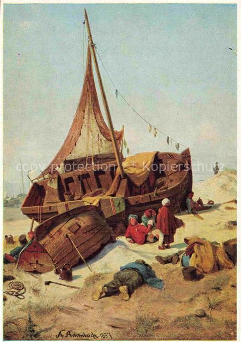 ACHENBACH Andreas (1815-1910) Kuenstlerkarte Ebbe Low Tide Segelboot