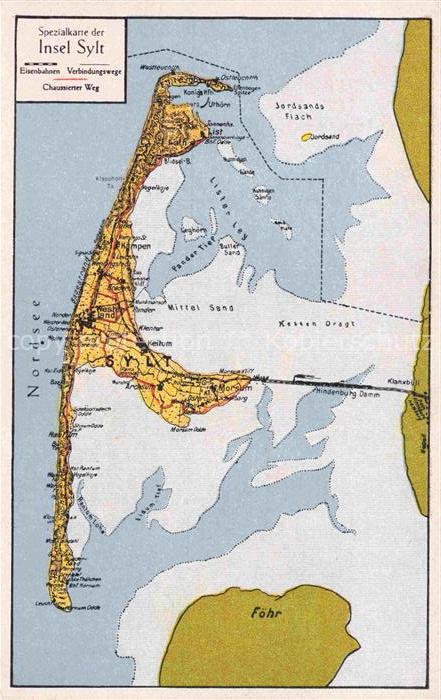 SYLT Insel Schleswig-Holstein Inselkarte mit Hindenburgdamm