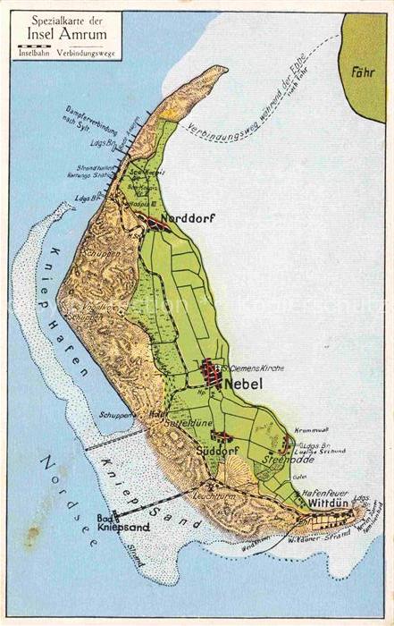 AMRUM Insel Nebel Nordfriesland Inselkarte mit Norddorf und Wittduen