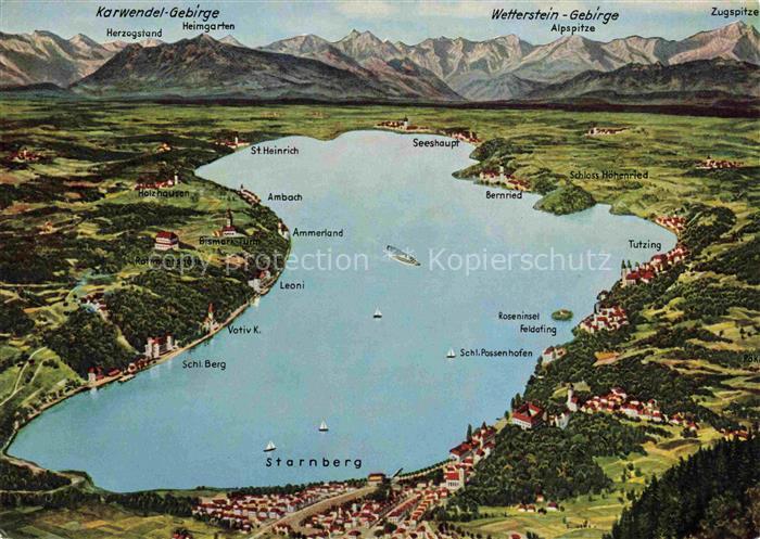 Starnbergersee Starnberg Bayern Panoramakarte mit Karwendel Gebirge und Wetterst