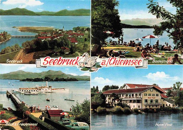 Seebruck Chiemsee Seeon-Seebruck Bayern Hotel Post Badestrand Fraueninsel