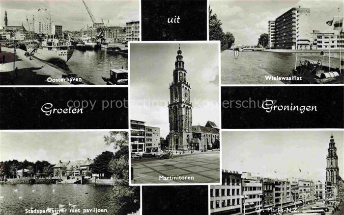 GRONINGEN NL Oosterhavn Wielewaalflat Stadsparkvijver met paviljoen Martinitoren