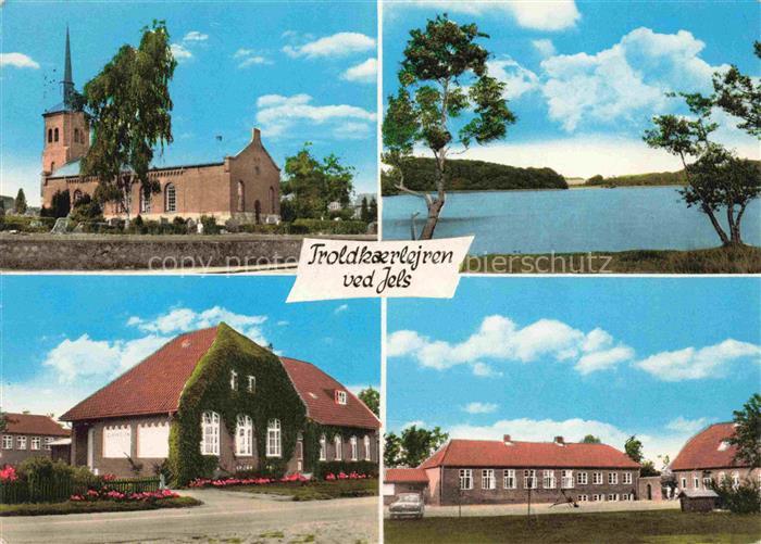 Troldkaer Jels DK Teilansichten Kirche Partie am Wasser