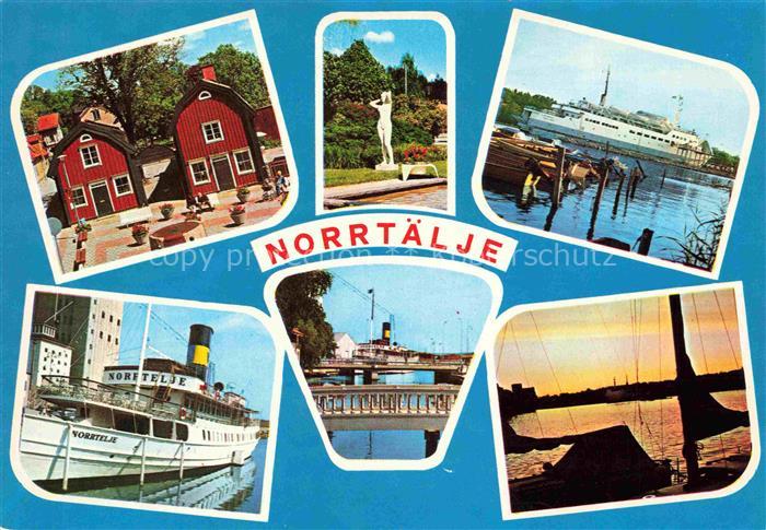 Norrtaelje Sweden Teilansichten Hafen Faehre Statue Sonnenuntergang