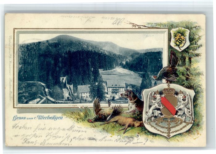 Allerheiligen Oppenau Allerheiligen Praegedruckkarte Hund Hase Wappen