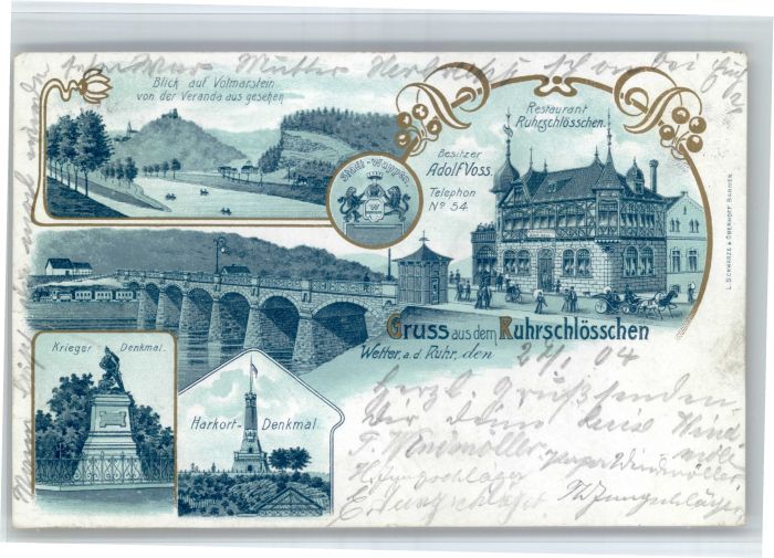 Wetter Ruhr Ruhrschloesschen Volmarstein Restaurant Denkmal Litho