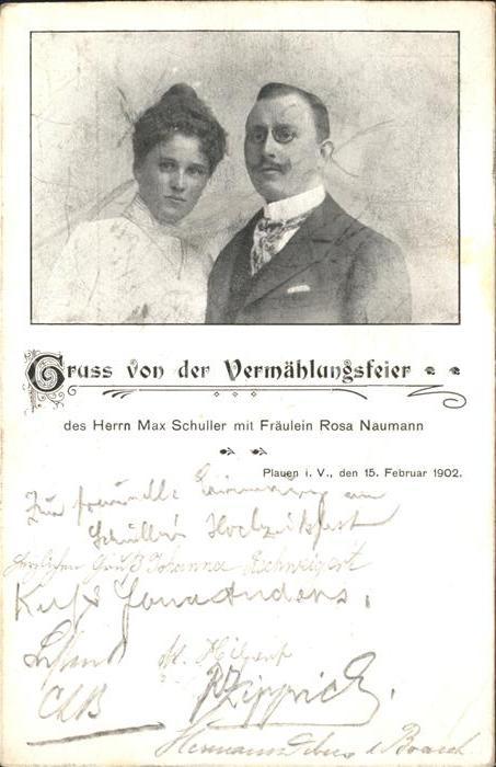 Plauen Vogtland Vermaehlungsfeier Herrn Schuller mit Fraeulein Rosa Naumann
