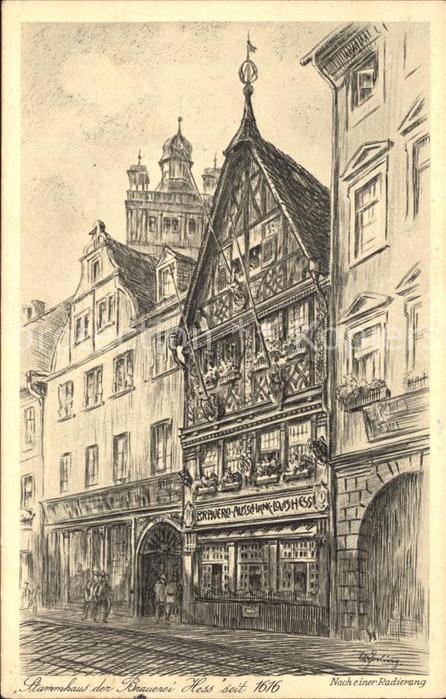 Darmstadt Stammhaus der Brauerei Hess seit 1616 Radierung Kuenstlerkarte