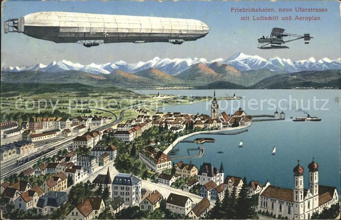 Friedrichshafen Bodensee Zeppelin und Flughzeug Seepanorama mit Alpen