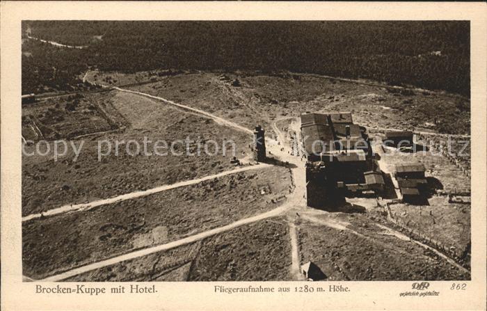 Brocken Harz Kuppe mit Hotel Fliegeraufnahme