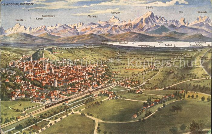 Ravensburg Wuerttemberg aus der Vogelschau Schussental Bodensee Alpenpanorama