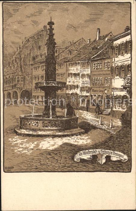 Freiburg Breisgau Muensterplatz Brunnen Kuenstlerkarte Schwarzwaelder Hauskunst