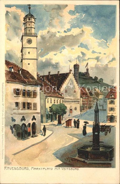 Ravensburg Wuerttemberg Marktplatz Brunnen Veitsburg Kuenstlerkarte