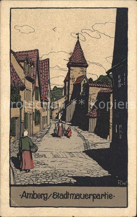 Amberg Oberpfalz Stadtmauerpartie Kuenstler-Stein-Zeichnung