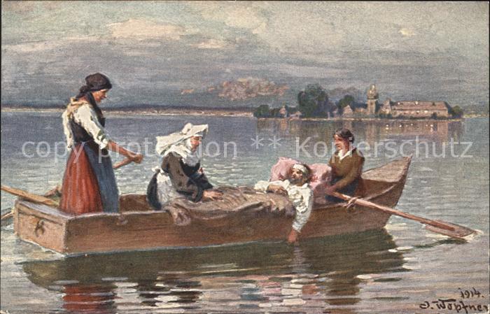 Frauenchiemsee Kuenstlerkarte Frauen mit Verletztem auf Boot