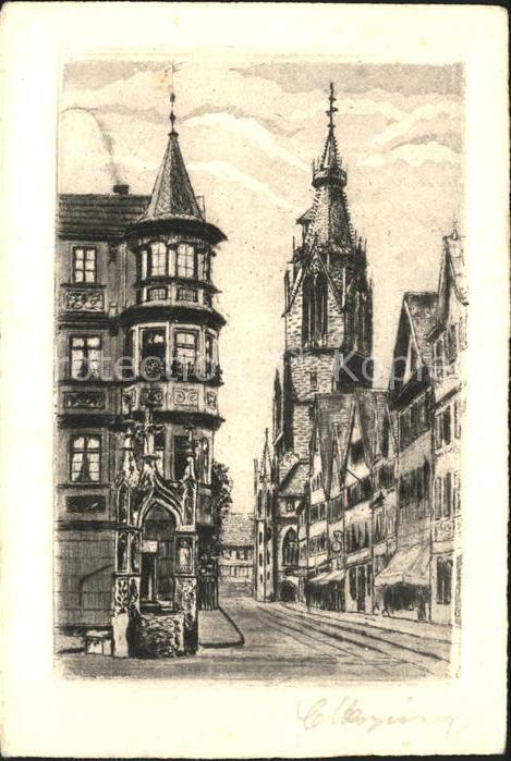 Reutlingen Wilhelmstr. u. Lindenbrunnen Original-Radierung Handabzug NZ3