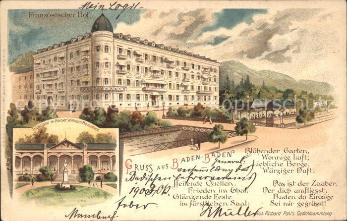 Baden-Baden Franzosischer Hof Trinkhalle m. Kaier Wilhelm Monumente
