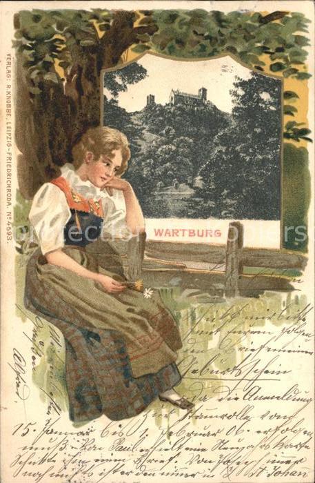 Wartburg Eisenach Frau in Tracht und Burg