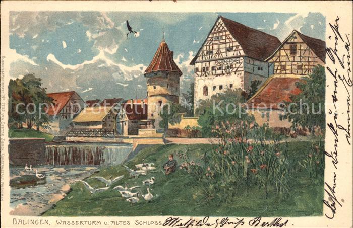 Balingen Wasserturm und Altes Schloss Kuenstlerkarte