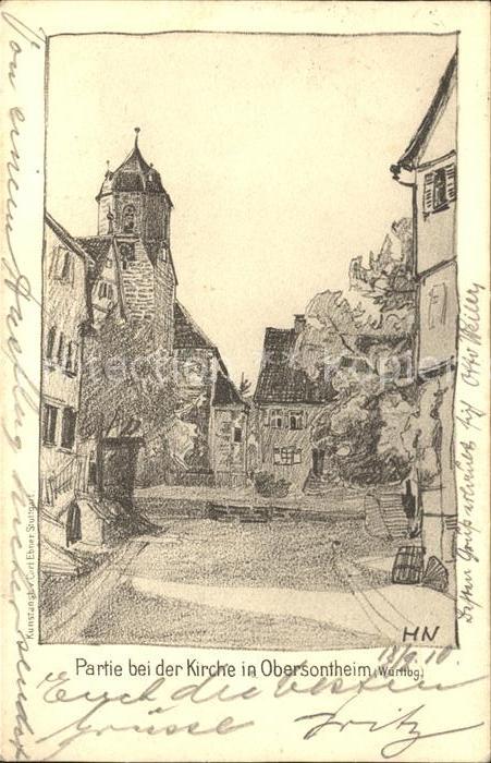 Obersontheim HN Zeichnung Partie bei der Kirche