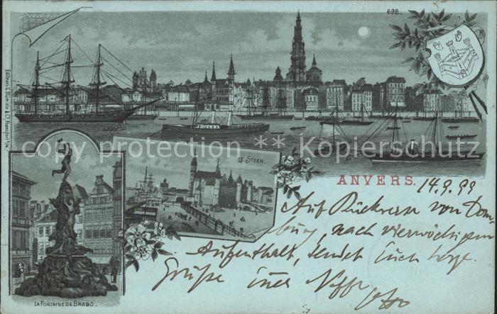 Anvers Antwerpen Fontaine Le Steen Chateau Bateaux au cl