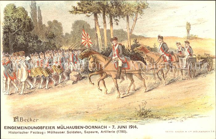 Dornach Elsass Historischer Festzug Soldaten Sapeure Artillerie Eingemeindungsfe