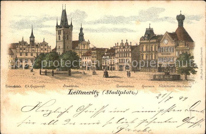 Leitmeritz Litomerice Nordboehmen Stadtplatz Kirche Gemeindehaus Sparcassa Litho