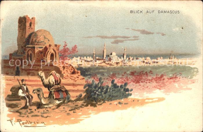 Damascus Dimashq Kuenstlerkarte F. Perlberg Kamele Geld-Lotterie Muenchen