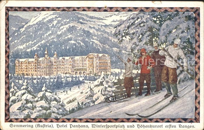 Semmering Niederoesterreich Hotel Panhans Skifahrer Skifahren Kuenstler E. Kutze